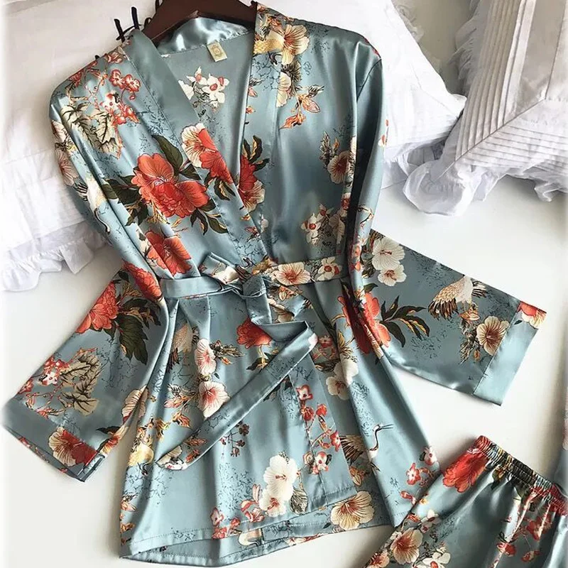 

2020 New 3 PCS Women Pajamas Sets with Pants Sexy Pyjama Satin Flower Print Nightwear Silk Negligee Sleepwear Comfortable Pyjama