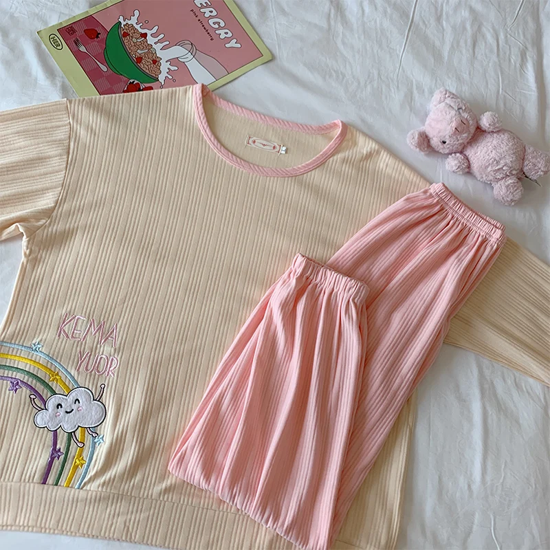 

Pajamas Women's Spring and Autumn Cotton Long Sleeve Beige 2021 New Internet Hot Large Size Winter and Summer Home Wear Suit