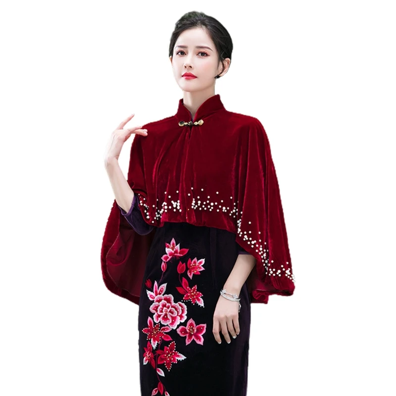 

Women Vintage Velvet Shawl Wrap Stand Collar Pearl Beading Cape Cover Up Shrug X7YA