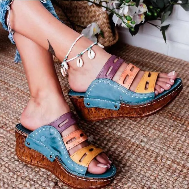

Slope heel slippers women 2021 summer new color matching high-heel sandals one-word water platform open-toe fashion sandals