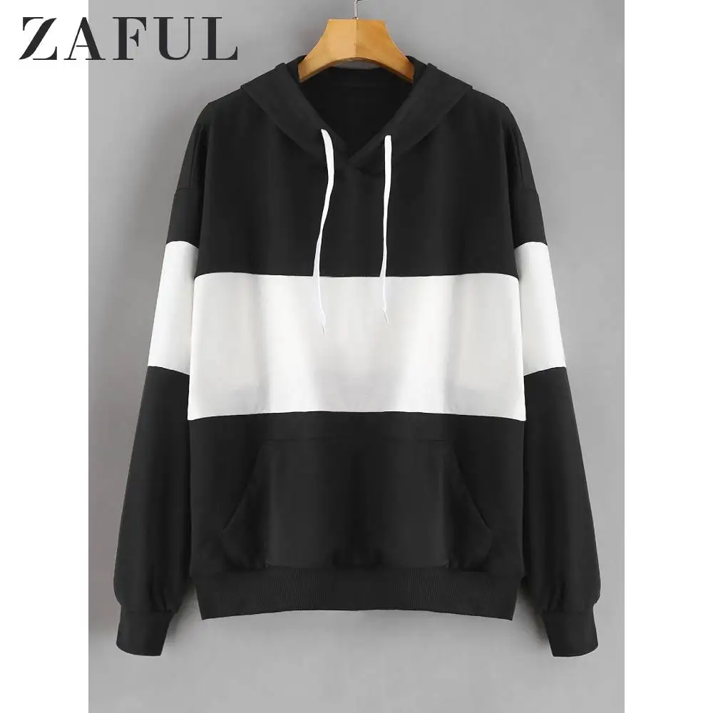 Женская Двухцветная Толстовка ZAFUL черно белая толстовка с карманом кенгуру