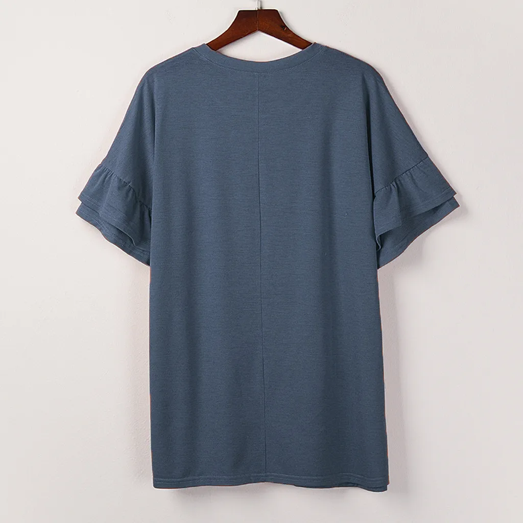 Модная туника с оборками рубашка круглым вырезом однотонные топы повседневные