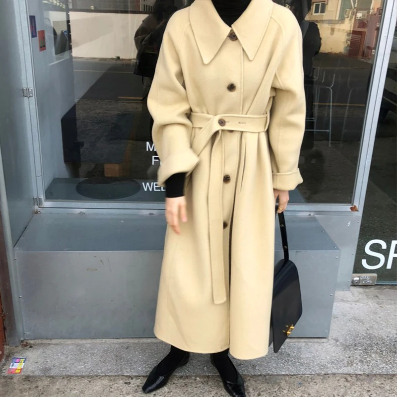 

French Elegant Lapel Single-Breasted Straps Waist Slimming Woolen Long Coat Women