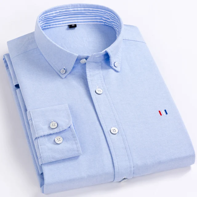 Light Blue Мужские Оксфордские повседневные рубашки с длинными рукавами и пуговицами, мягкие футболки из натурального хлопка - Цвет: Light Blue