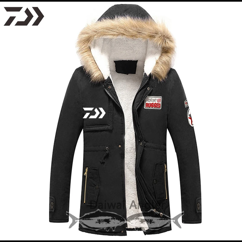 Daiwa Thick Cotton Fishing Jacket Men Windproof Thermal Hiking Fish Clothes Print Hooded Zipper Camping Outdoor Clothing