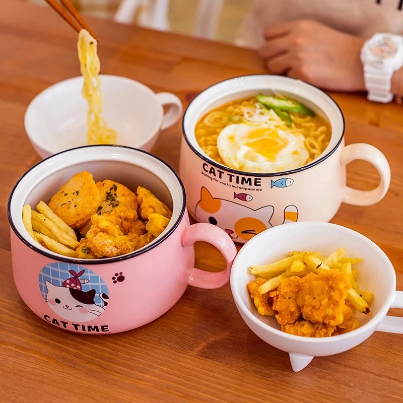 السيراميك رامين السلطانية اليابانية وعاء طعام سريع مع ملعقة بغطاء سعة كبيرة لطيف القط الفورية طبق للنودلز الفاكهة أدوات المائدة المطبخ