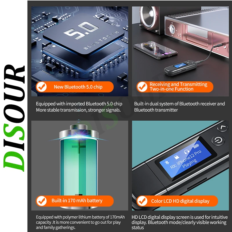 USB Bluetooth 5 0 аудио приемник-передатчик DISOUR с ЖК-дисплеем 3 мм AUX RCA стерео