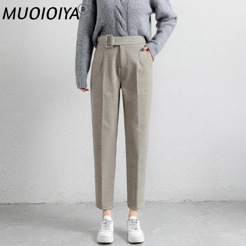 

Плотные теплые зимние шерстяные брюки с высокой талией для женщин, новинка, модные корейские однотонные деловые элегантные брюки, женские К...