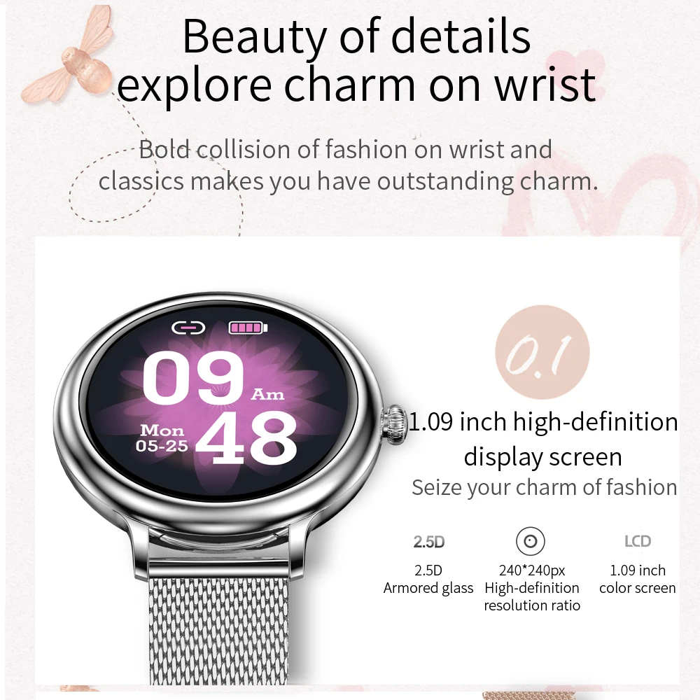 

NY13 Smart Watch Women, Heart Rate Blood Pressure Physiological Monitor IP68 Waterproof 2.5D LCD Screen SmartWatch NY12 Plus