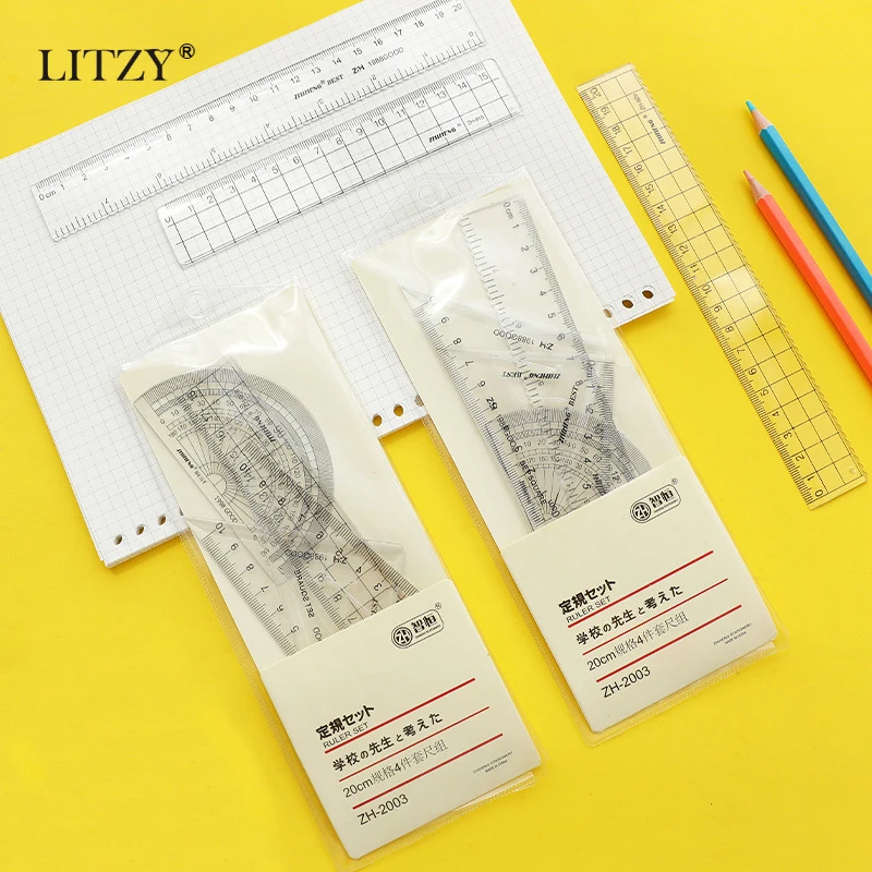 

Комплект прозрачных линейки LITZY, 4 шт., транспортир, математические компасы для школы, канцелярские принадлежности, пластиковые простые прям...