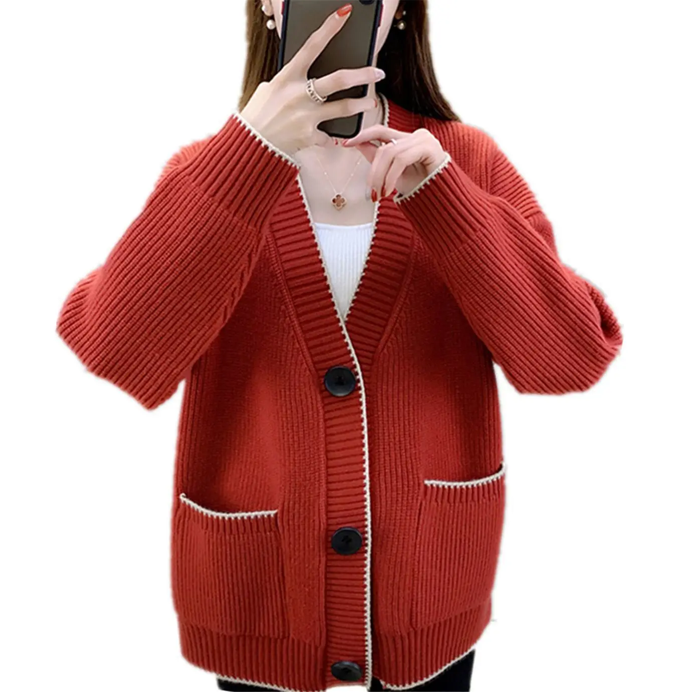 

2021 Knitted Cardigan Sweater Coats for Autumn and Winter Women Solid Colors Fashion Style Loose Outer Wear Fashion Sweater