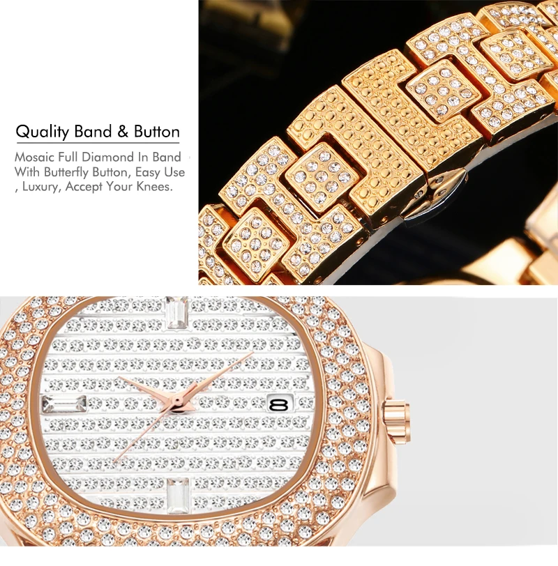 Missfox Роскошные мужские часы Patek, часы из розового золота, уникальные водонепроницаемые кварцевые часы для мужчин, мужские часы с календарем, хронограф, бриллиантовая сталь