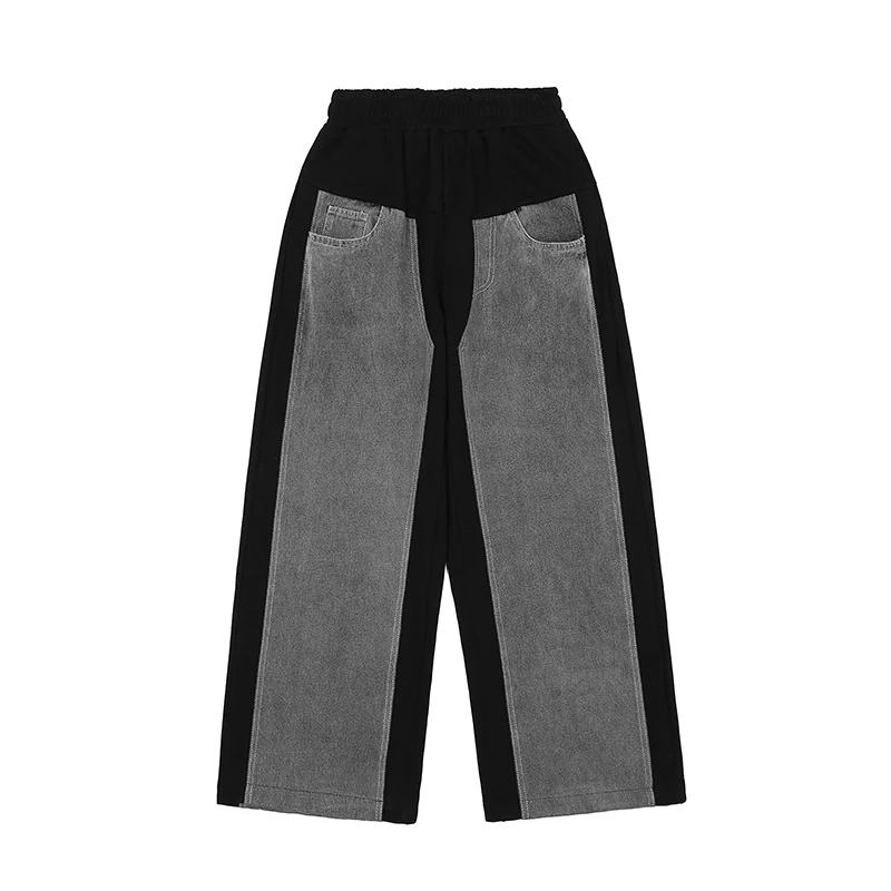 

Harajuku Washed Color Contrast Spliced Ripped Jeans Mens and Womens Straight Oversize Retro Hip Hop Casual Denim Trousers