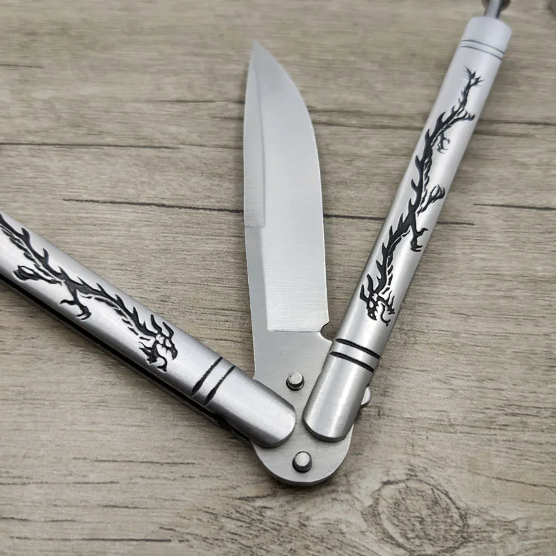 

Butterfly In Knife Dragon Pattern Handle Stainless Steel Folding Knife Butterfly for Trainer Cosplay Knife No Edge Dull Blade