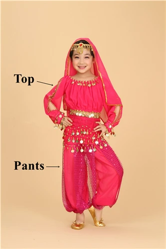 Rose Red 2pcs Костюм для танца живота с длинными рукавами, детский индийский костюм для танца живота, одежда для сцены, танцевальные костюмы для девочек - Цвет: Rose Red 2pcs