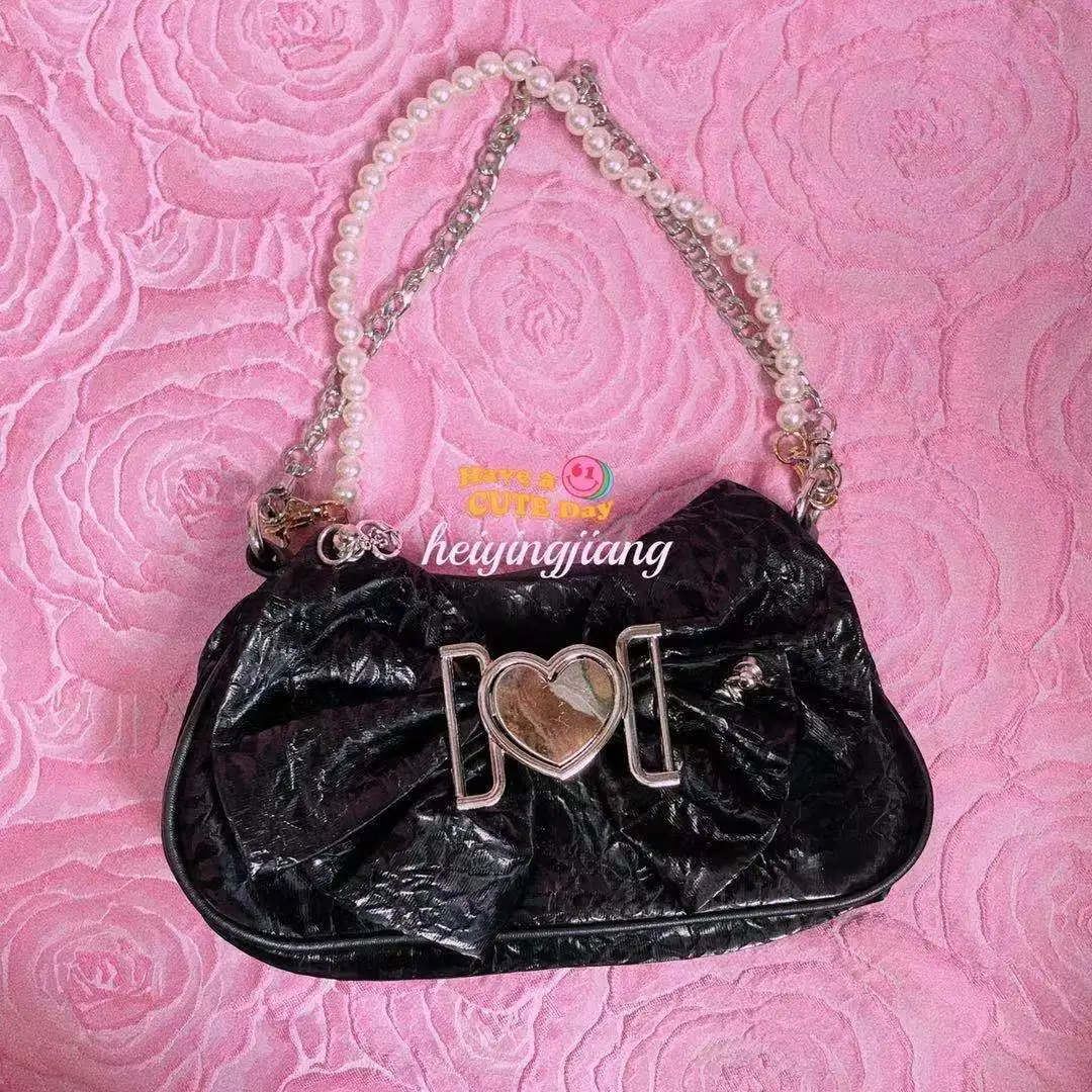 

Black Sweet Stylist Bow Hip-hop Girls Hobos Bags Women's Original Designer Brand Love-heart Textured-leather Shoulder Bags
