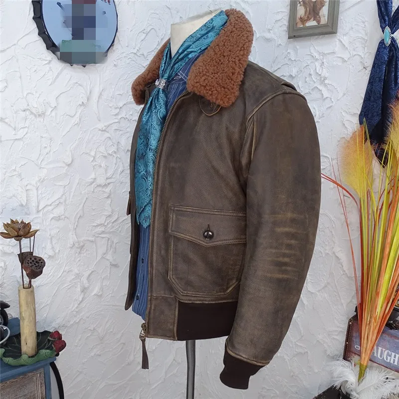

Men Top Layer Cowhide Short Coat Brown Autumn Winter Genuine Leather Motorcycle Lapel Jacket Casual Outerwear Safari Style