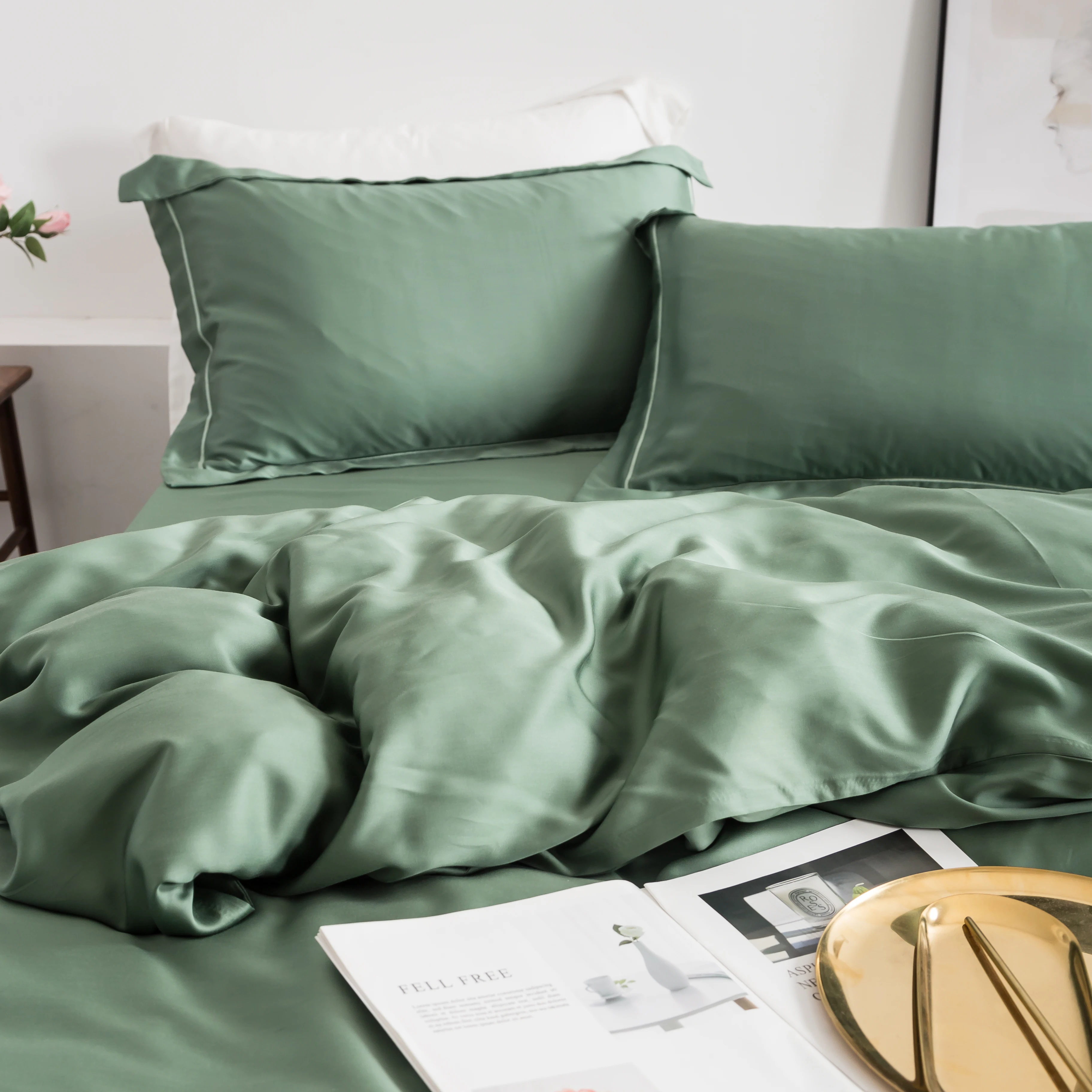 

Liv-Esthete Luxury Women 100% Silk Bedding Set Premium Silk Green Quilt Cover Set Flat Sheet Pillowcace Queen King Fitted Sheet