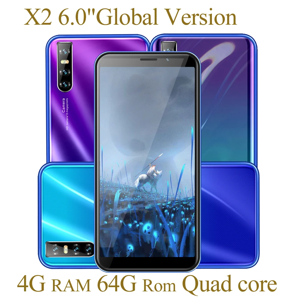 

Global X2 Smartphones 6.0 inch 4GB RAM 64GB ROM 2Sim IPS Celulares MTK6580 13MP HD Screen Android Face unlocked Mobile Phones