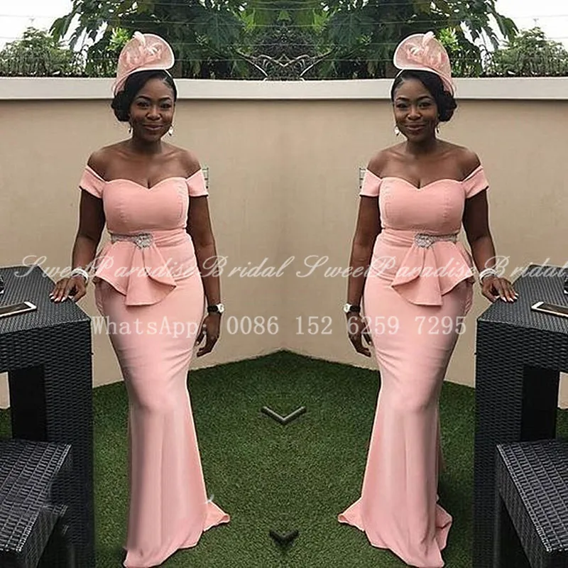 

Rose Pink Mermaid Bridesmaid Dresses With Beads African Women Boat Neck Long Wedding Party Dress Maid Of Honor