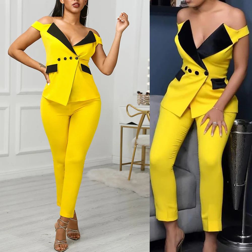 

Deep V Neck Women Blazer Suits 2 Pcs Sets Ladies Formal Wear Bridesmaid Dress Celebrity Streetwear Female Outerwear Chic Suit