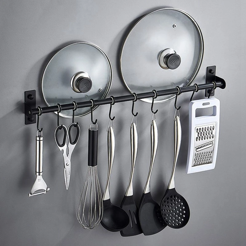 

Black 10 Hooks Wall Hanging Rail Rack Kitchen Utensil Wall Mounted Hanging Shelf Rack Durable Rustless Storage Shelf