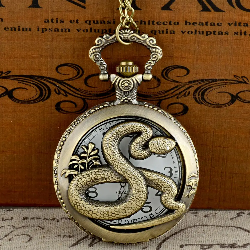 Старинные Бронзовые змея Графический кварцевые карманные часы с цепочкой в