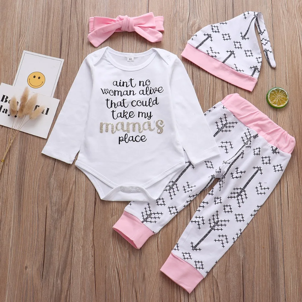 4PCS Newborn Baby Clothing Set Baby Girl Set 2021 Spring and Autumn Fashion Letter Romper + Bandana + Hat + Pants Baby Set