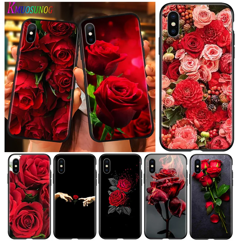 Яркий черный чехол с красивыми красными розами для iPhone 2020 11 Pro XS Max XR X 8 7 6 6S Plus 5