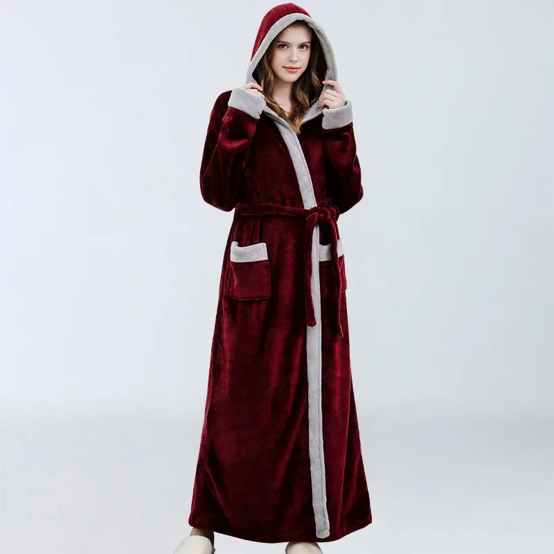 

Winter Nightgown Plus Size Bathrobe Hood Contrast Color Ladies Homewear Nightgown Sleepwear Home Clothes for Women Pyjama Femme