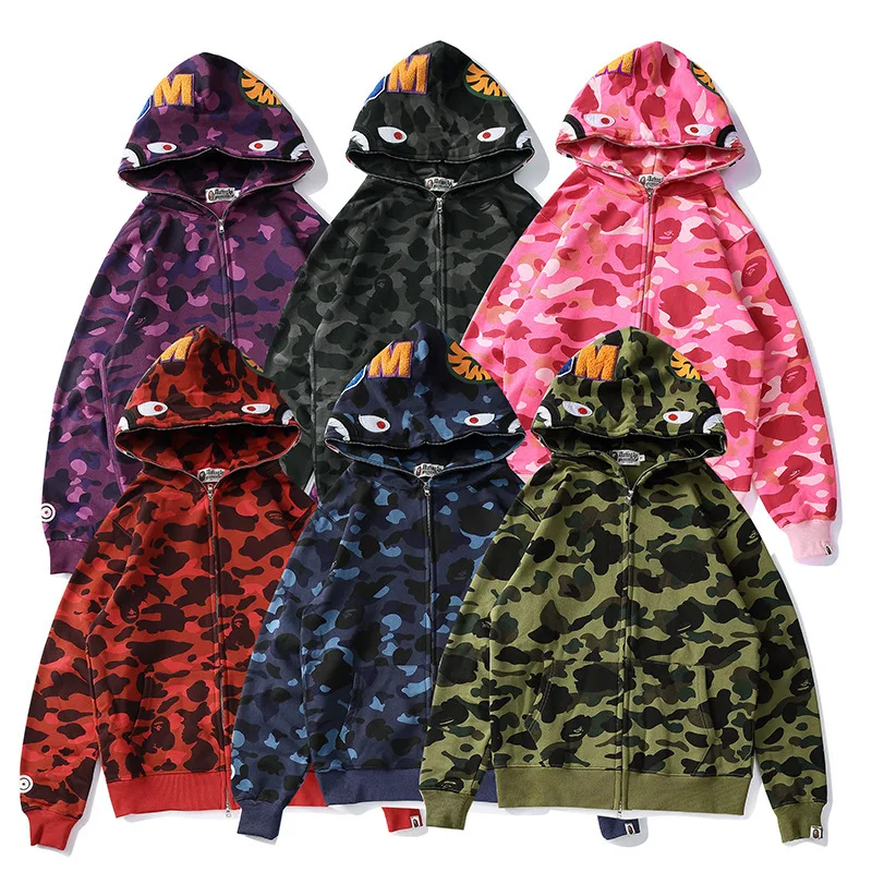 

Новинка 2021, Классическая камуфляжная Толстовка Bape Shark, Высококачественная хлопковая спортивная куртка на молнии для мужчин и женщин в стиле...
