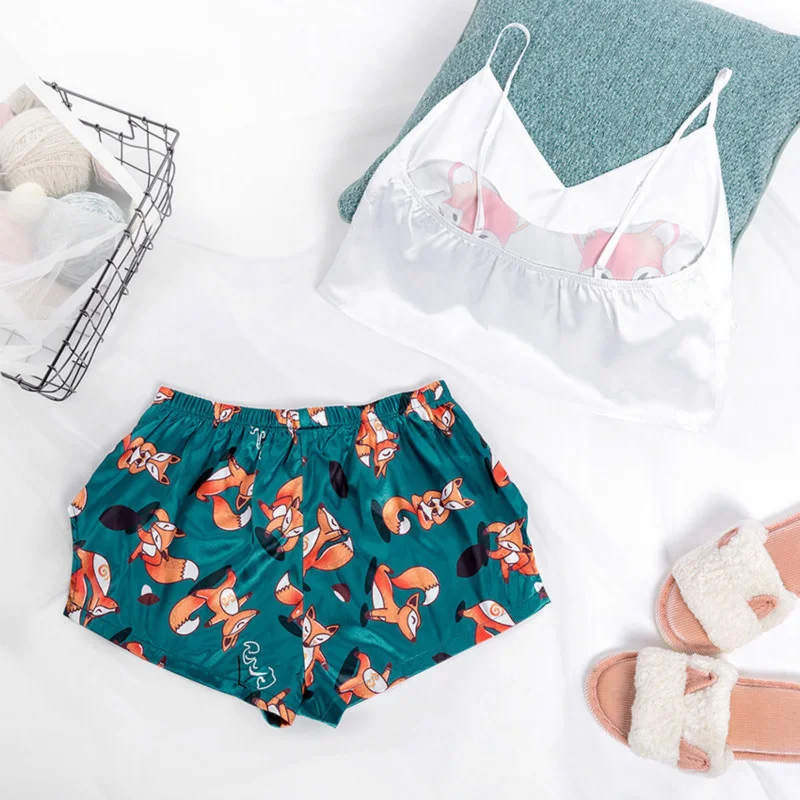 

Printed Suits With Shorts Summer Satin Pajamas For Womens Sexy Silky Pijamas Set Ladies Faux Silk Soft Sleeveless Home Clothes