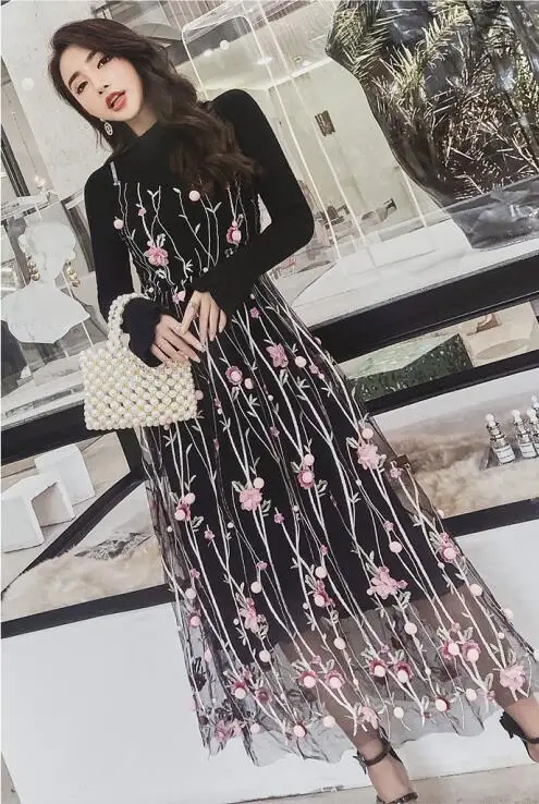 Розовый Knitted Dress 2 Piece Set Autumn New Solid Black Sweater Dress and Hairball Appliques Floral embroidery Mesh Sling Dress Sets - Цвет: Розовый