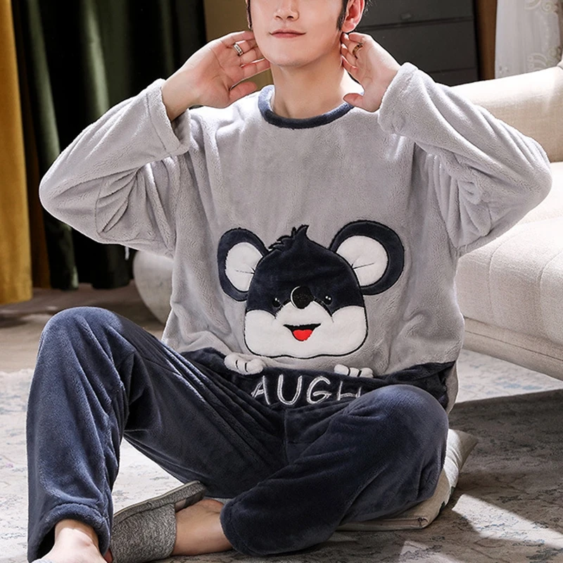 

Men's Flannel Pajamas Sets 2022 New Thick Warm Winter 2Piece/Sets Sleepwear Plus Size Long Sleeve Round Neck Homewear Pyjamas