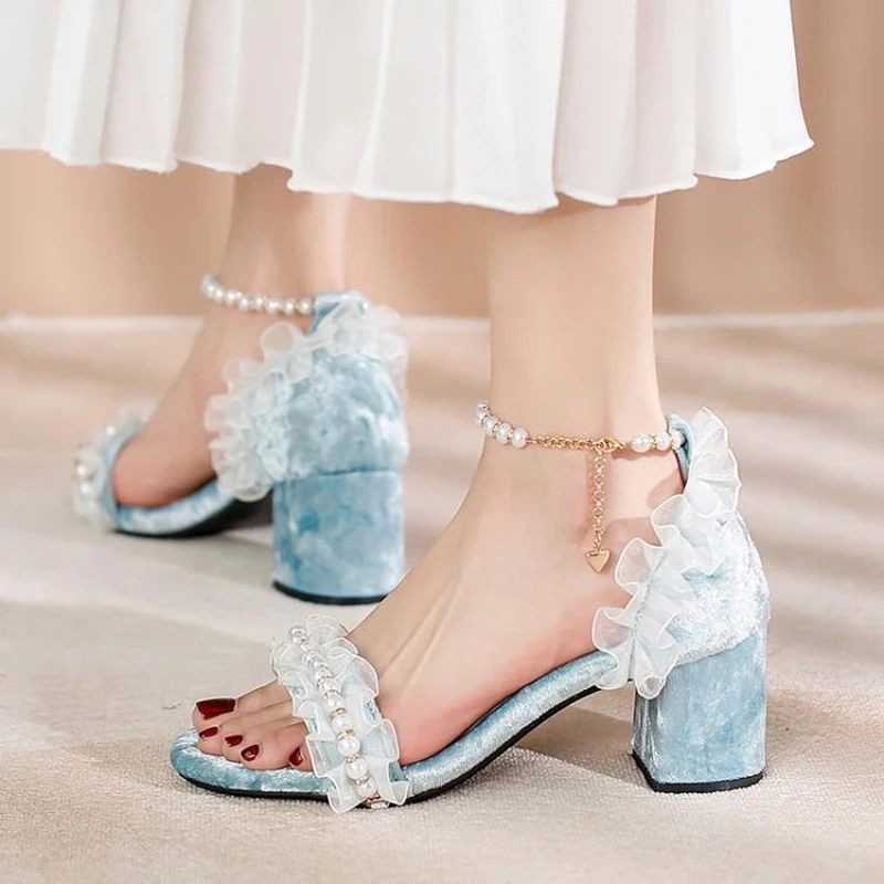 Lolita Shoes 2021 Summer High Heels harajuku kawaii Shoe Fashion Sweet Sandals Cute Lace Stitching Cosplay Girl Women Shoes