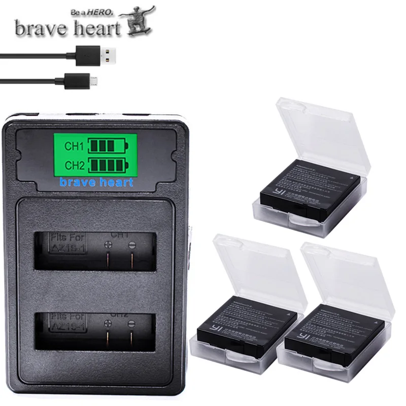 chagrer and 3battery 3,85 V AZ16-1 батареи для оригинального Xiaomi YI lite 2 4K 4k+ светодиодный USB 3 слота зарядное устройство для Xiao yi 4k аккумулятор для экшн-камеры - Цвет: chagrer and 3battery