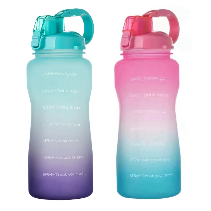

2PCS Water Bottle With Time Marker, Extra Large Motivational Bottle, 2000ML Green Purple & 3800ML A