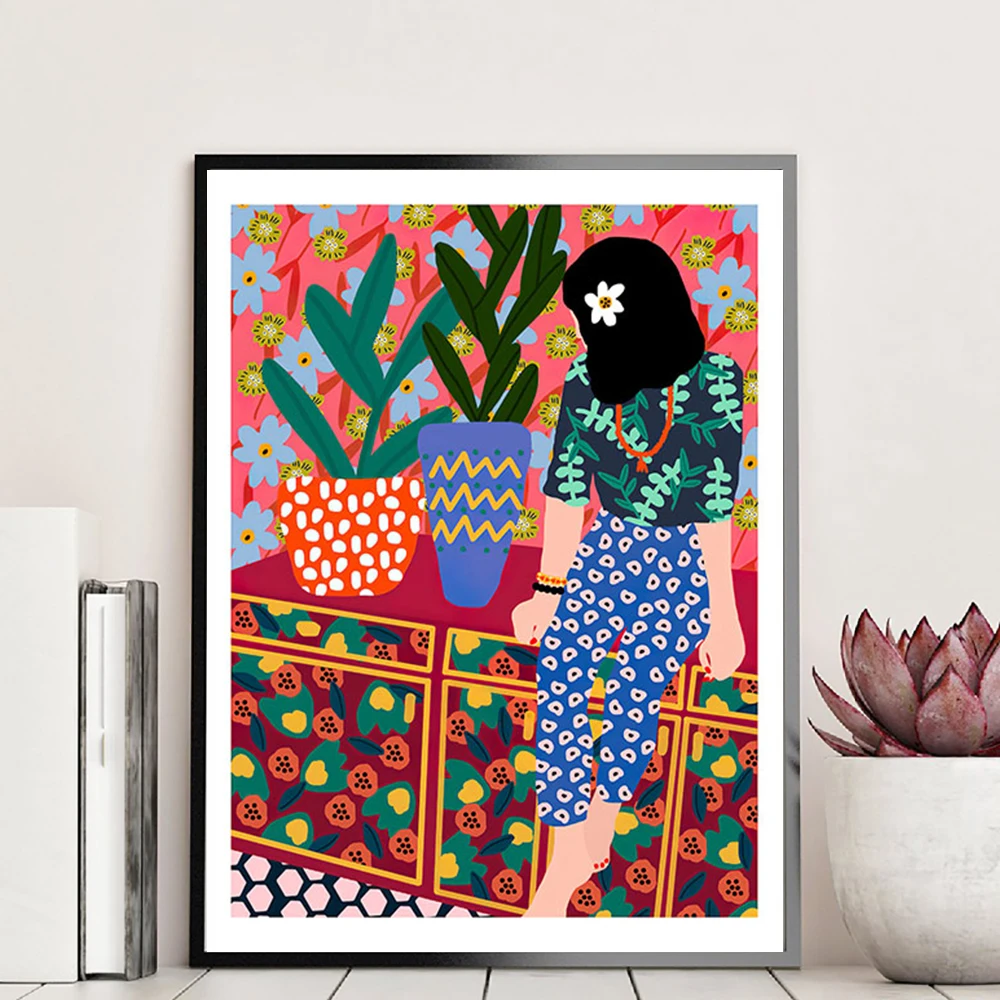 

Cartoon Abstract Plant Poster Nordic Girl Canvas Painting Wall Art Pictures For Living Room Modern Home Decor Prins On The Wall