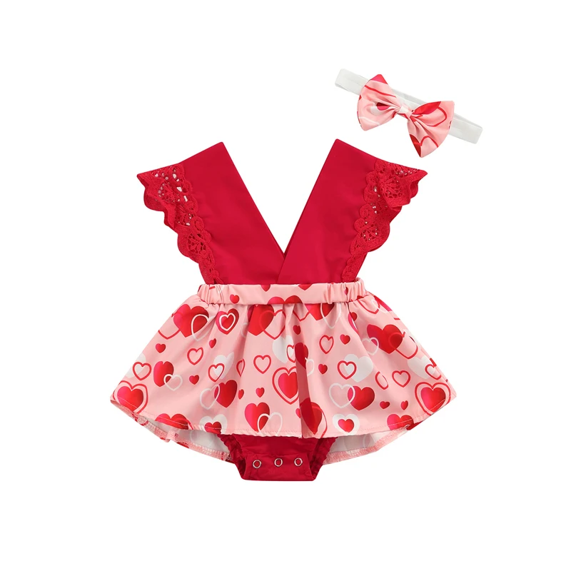 

Baby Lace Sleeveless Floral Rompers Heart Print V-neck Jumpsuit + Bow Headband Baby Girls Sweet Style Summer Clothing