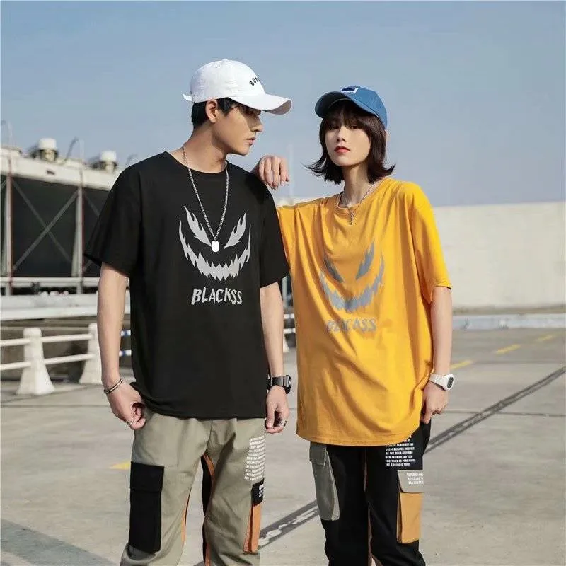 

Футболка мужская и женская с отражающим принтом, темная Свободная рубашка с рукавом до локтя, в гонконгском стиле, в Корейском стиле, лето