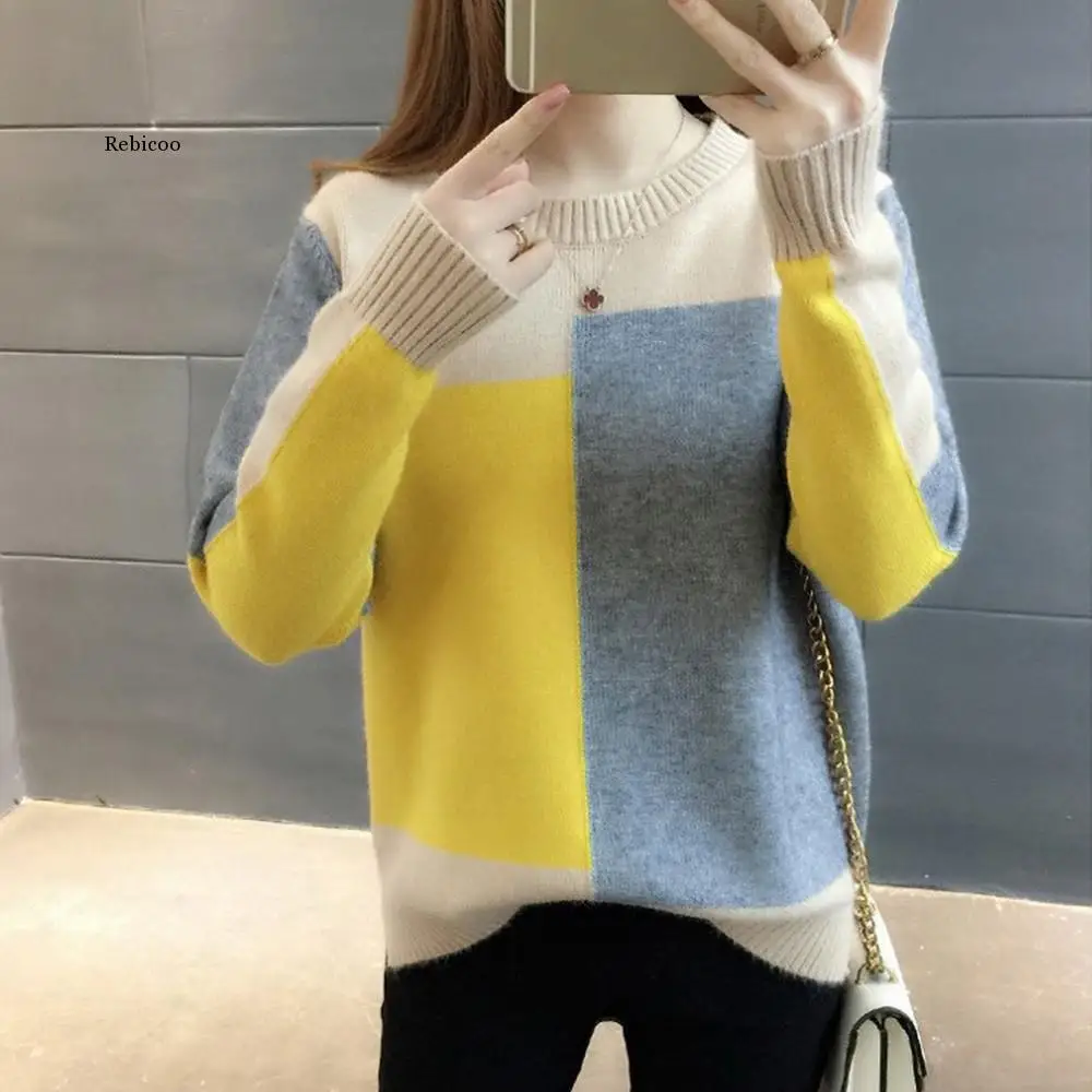 

Sweater Women Winter Warm Knitted Pullover Loose Sweater Contrasting Colors Long Sleeve Round Neck Sweaters for Women