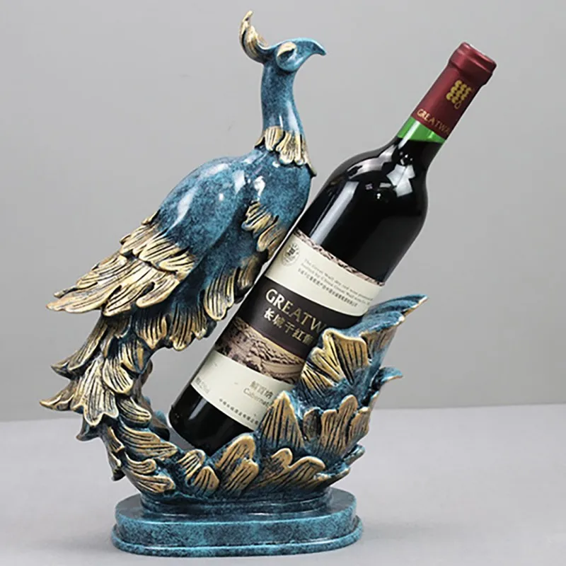 

Golden Blue Peacock Wine Bottle Holder Champagne Cocktail Stand Rack Bar Shelf Beer Storage Living Room Decorative Crafts