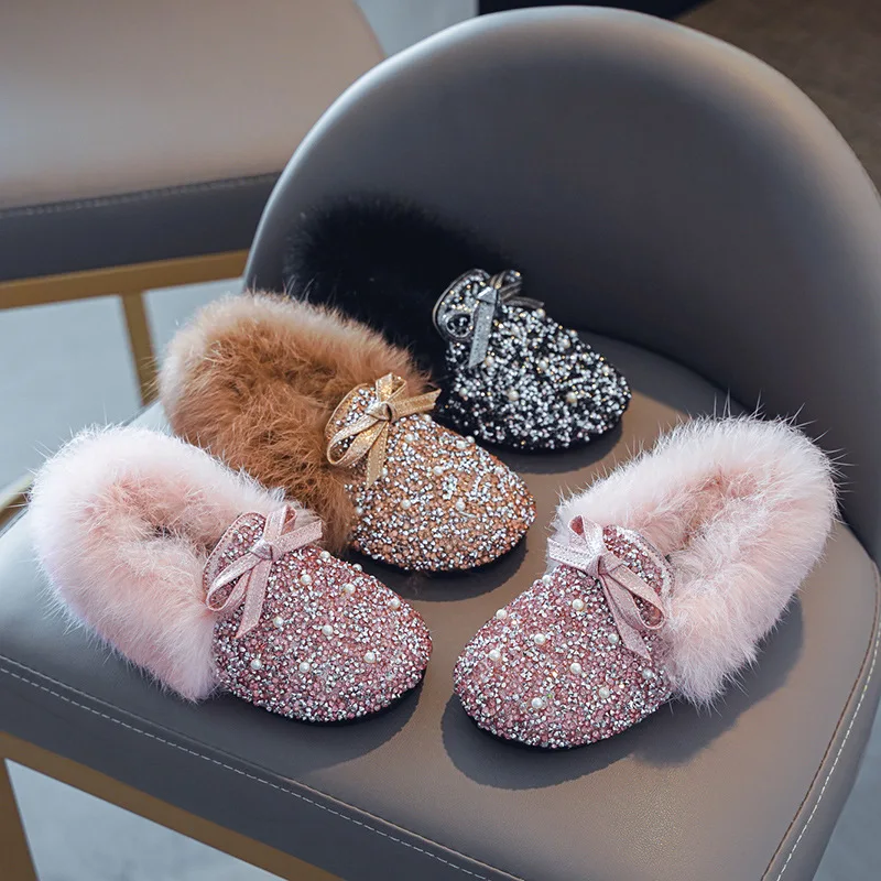 Детская осенне-зимняя теплая хлопковая обувь с бантом для девочек универсальная