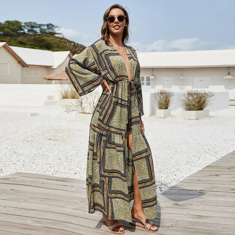 Women's Swimming Suit Coverup Pareo Swimsuit Cover Up Long Kaftan Beach Dress Plus Size Bikini Playa Tunic Salida Cardigan Retro