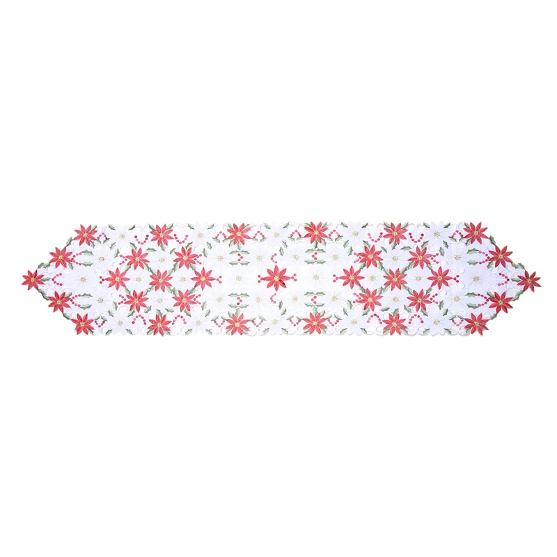 

Christmas Embroidered Table Runner, Luxury Holly Poinsettia Table Runner for Christmas Decorations, 15 x 70 Inch