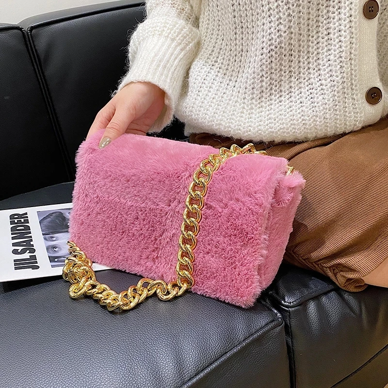 

Soft Faux Fur Shoulder Bag Thick Chain Handbag for Women Clutch Purses Winter High Quality Crossbody Bag Female Travel Totes
