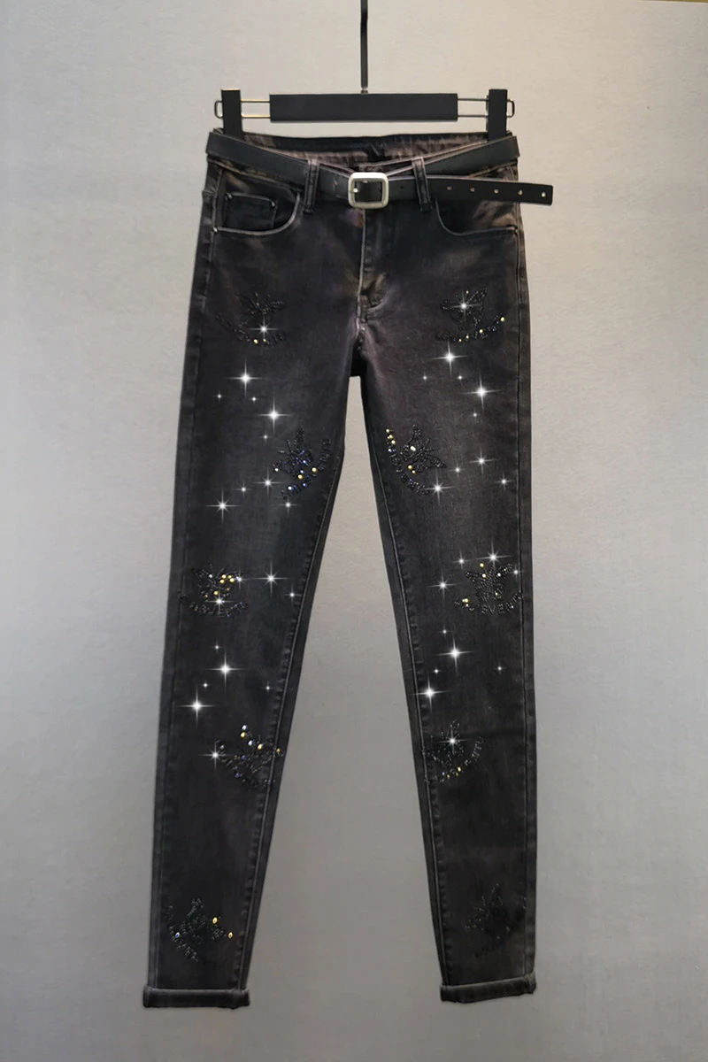 

Butterfly Hot Drilling Jeans Women's 2020 Autumn Winter New Cotton Elastic Black Feet Pencil Pants Students Denim Pants Jean