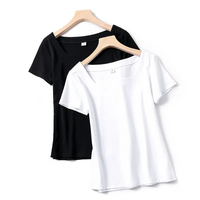 

Women Soft Cotton T-shirt Square Collar Solid color Lady Tees Short Sleeve Summer Women's clothings All match Female T-shirts