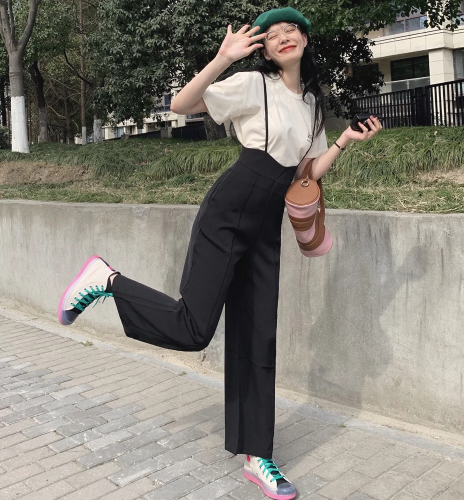 

2021 summer new style black wide leg overalls women high waist casual jumpsuit drape mopping trousers