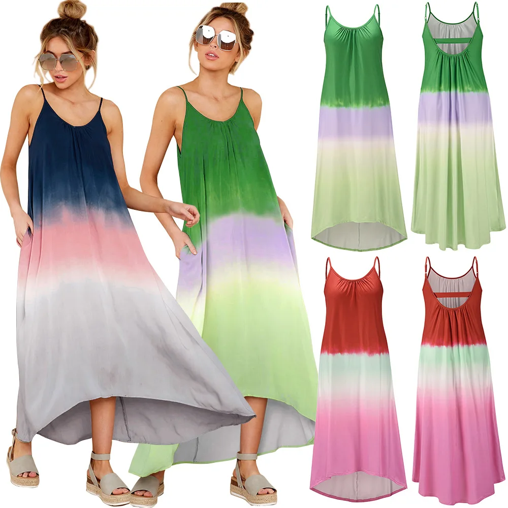 

Summer Dress 2021 Casual Loose Irregular Striped Dress Sleeveless Spaghetti Strap Ankle-Length Dresses Women